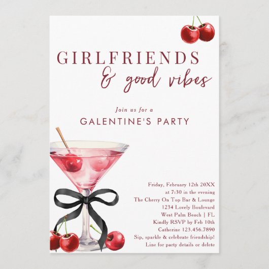 Chic Bow Cherry Martini Galentines Dinner Party 招待状 (正面)