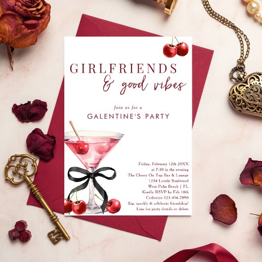 Chic Bow Cherry Martini Galentines Dinner Party 招待状