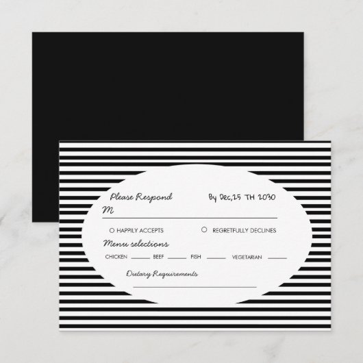 Chic Bow Minimalist Stripe Black White 出欠カード (正面/裏面)