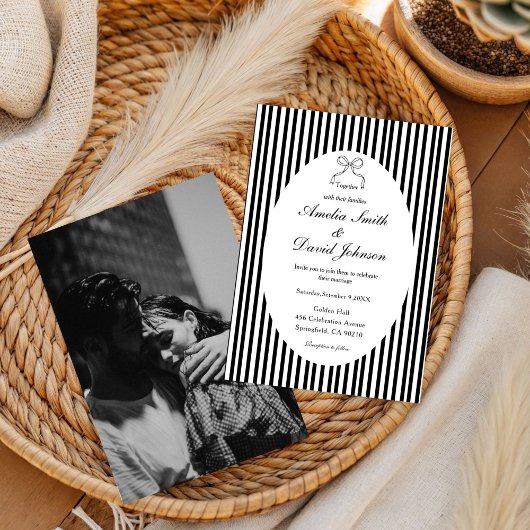 Chic Bow Minimalist Stripe Black white Wedding  招待状