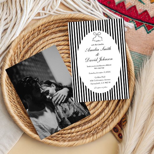 Chic Bow Minimalist Stripe Black white Wedding  招待状