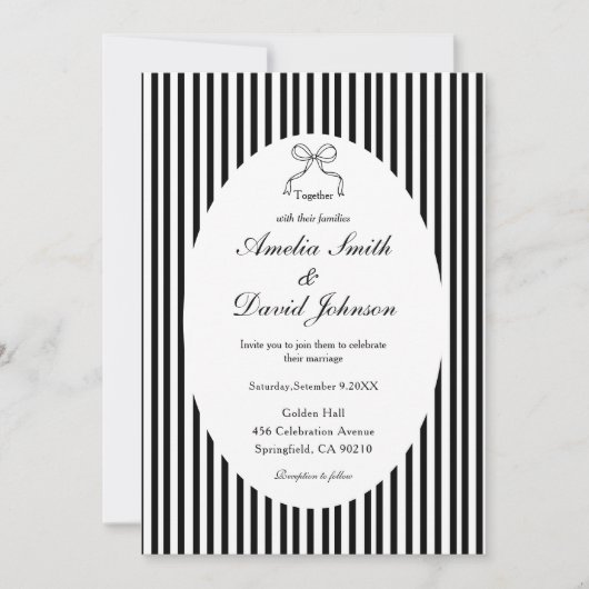 Chic Bow Minimalist Stripe Black white Wedding  招待状 (正面)