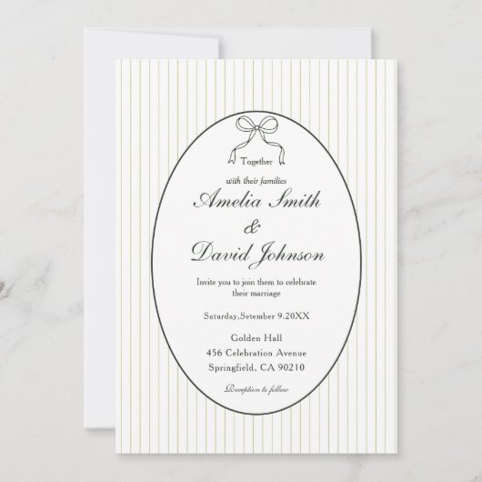 Chic Bow Minimalist Stripe Green Wedding  招待状 (正面)