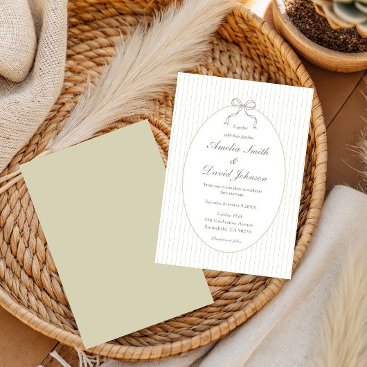Chic Bow Minimalist Stripe Green Wedding  招待状