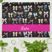 Chic Bow Pink Black Floral Elegance Pattern キッチンタオル (折り畳み)