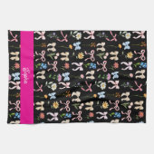 Chic Bow Pink Black Floral Elegance Pattern キッチンタオル (横)