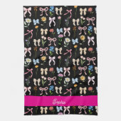 Chic Bow Pink Black Floral Elegance Pattern キッチンタオル (縦)