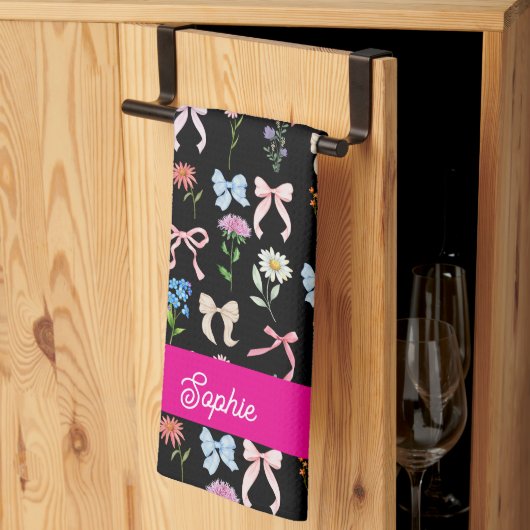 Chic Bow Pink Black Floral Elegance Pattern キッチンタオル (三つ折り)
