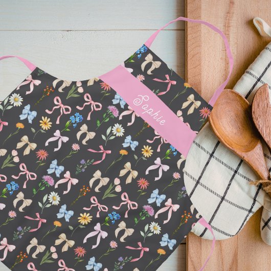 Chic Bow Pink Black Floral Elegance Pattern Baking エプロン