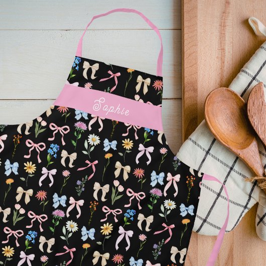 Chic Bow Pink Black Floral Elegance Pattern Baking エプロン