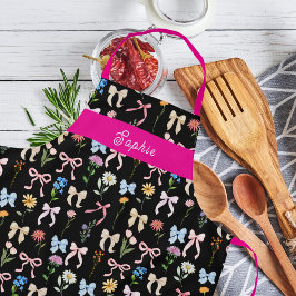 Chic Bow Pink Black Floral Elegance Pattern Baking エプロン