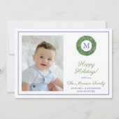 Chic Boxwood Wreath Monogram Tartan Family Photo シーズンカード (正面)