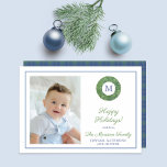 Chic Boxwood Wreath Monogram Tartan Family Photo シーズンカード<br><div class="desc">An elegant Happy Holidays photocard with space for a single letter monogram and a family photo. The wreath was originally handpainted by me in watercolors onto 100% cotton paper before being scanned and arranged / styled digitally. The pattern on the reverse was created digitally.</div>