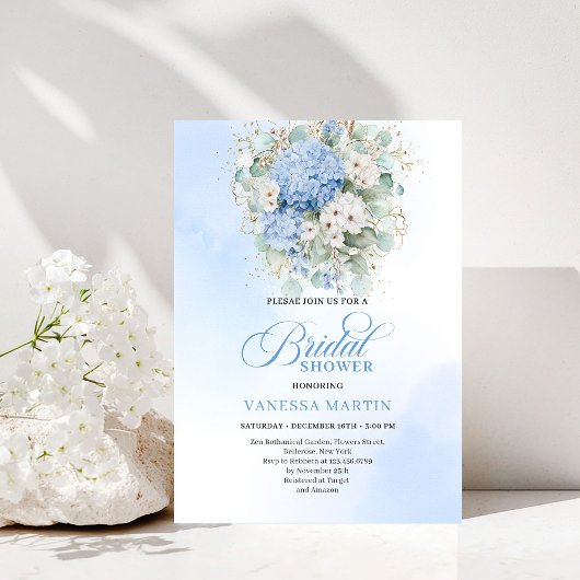Chic Bridal Shower Blue Hydrangeas Gold Invitation 招待状