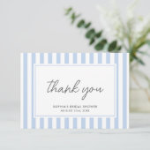 Chic Bridal Shower Modern Script Blue Stripes サンキューカード (スタンド正面)
