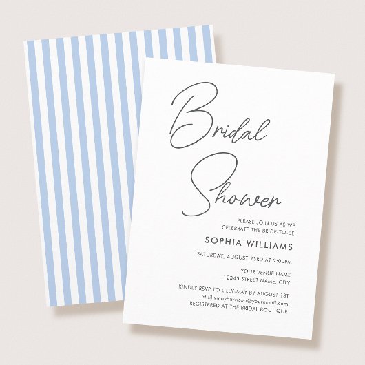 Chic Bridal Shower Modern Script Blue Stripes 招待状
