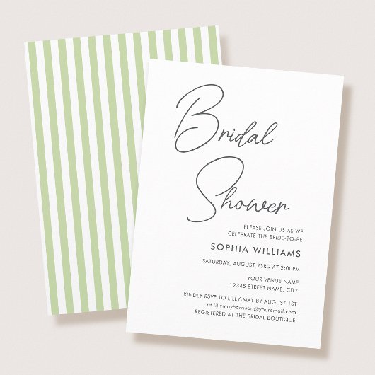 Chic Bridal Shower Modern Script Green Stripes 招待状