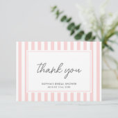 Chic Bridal Shower Modern Script Pink Stripes サンキューカード (スタンド正面)
