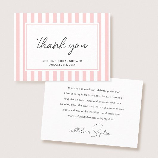 Chic Bridal Shower Modern Script Pink Stripes サンキューカード