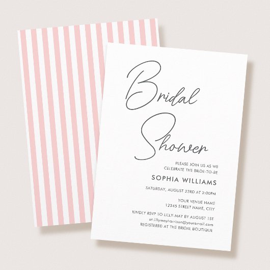 Chic Bridal Shower Modern Script Pink Stripes 招待状