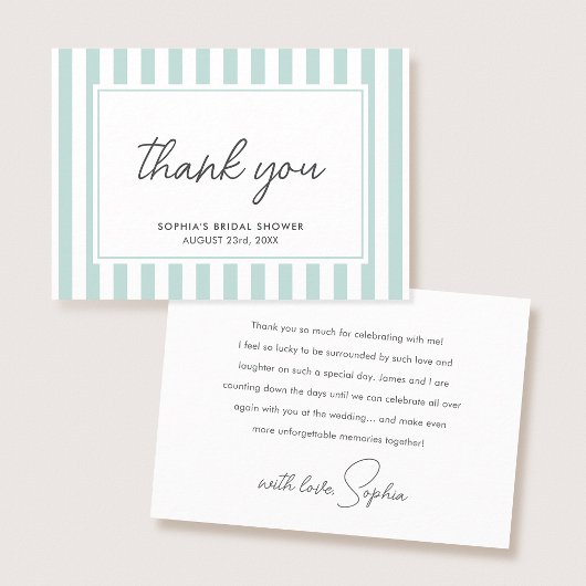 Chic Bridal Shower Modern Script Teal Stripes サンキューカード