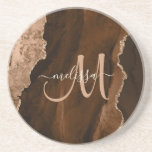 Chic Brown Blush Glitter Agate Custom Monogram コースター<br><div class="desc">This elegant glitter and glam personalized coaster features earthy colors of brown agate accented with faux blush glitter. Personalize your monogram initial in script calligraphy with your name above. A unique girly gift for birthday,  holidays and any special occasion. Designed just for you by Extreme Tees!</div>