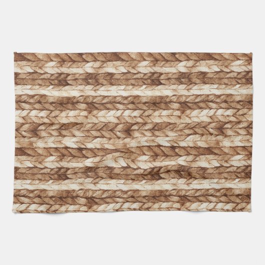Chic Brown Cream Faux Woven Stripes キッチンタオル (横)