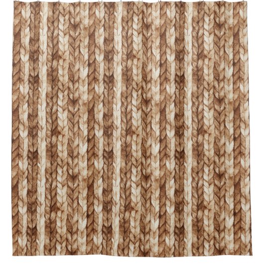 Chic Brown Cream Faux Woven Stripes シャワーカーテン (正面)