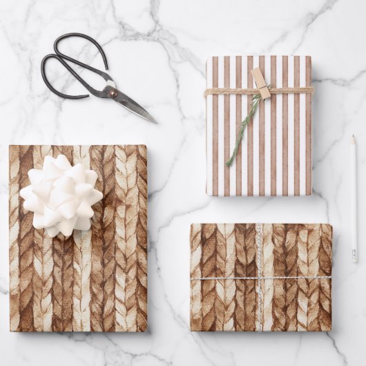 Chic Brown Cream Faux Woven Stripes ラッピングペーパーシート (正面)