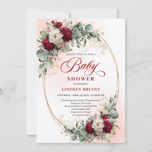 Chic Burgundy and Gold Boho Baby Shower Invite 招待状 (正面)