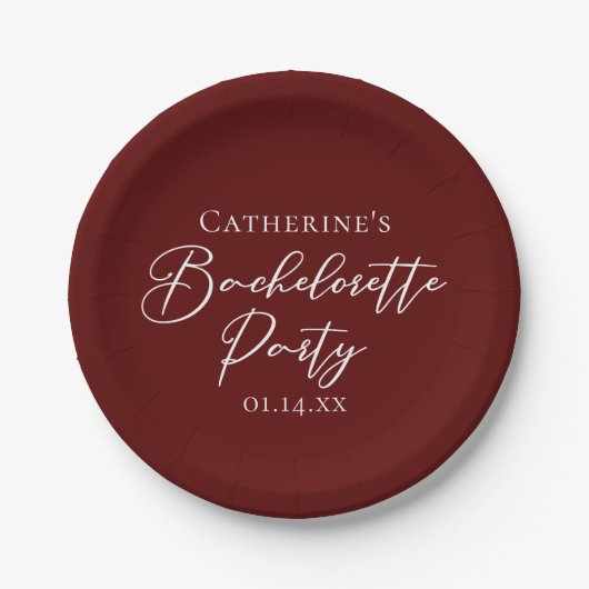 Chic Burgundy Bachelorette Party Personalized ペーパープレート (正面)