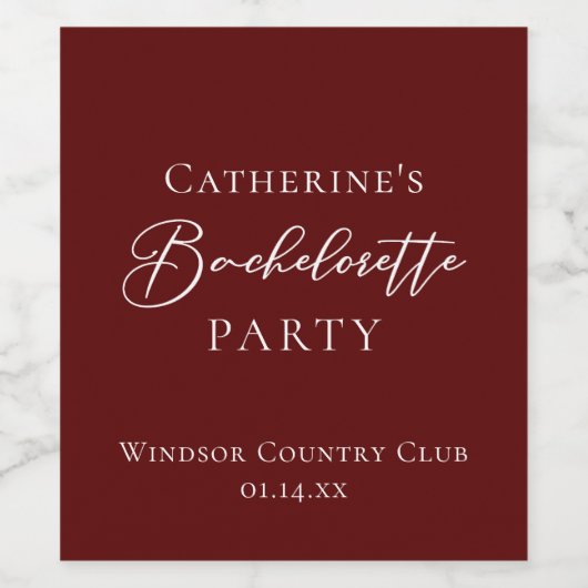 Chic Burgundy Bachelorette Party Personalized ワインラベル (シングルラベル)
