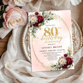 Chic Burgundy Blush Floral 80th Birthday Invites 招待状