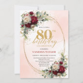 Chic Burgundy Blush Floral 80th Birthday Invites 招待状 (正面)