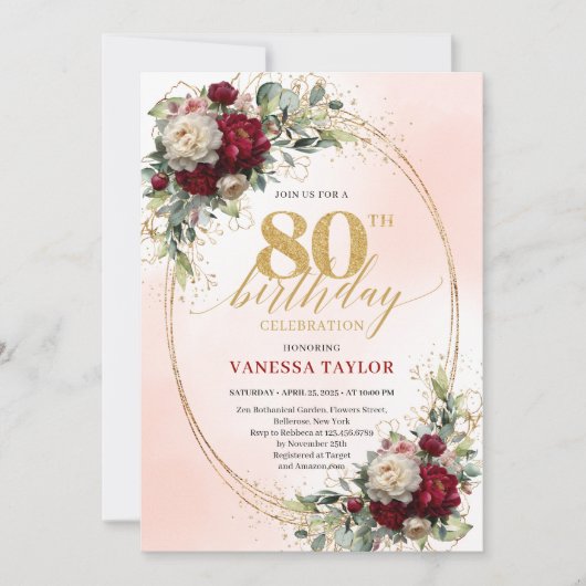 Chic Burgundy Blush Floral 80th Birthday Invites 招待状 (正面)
