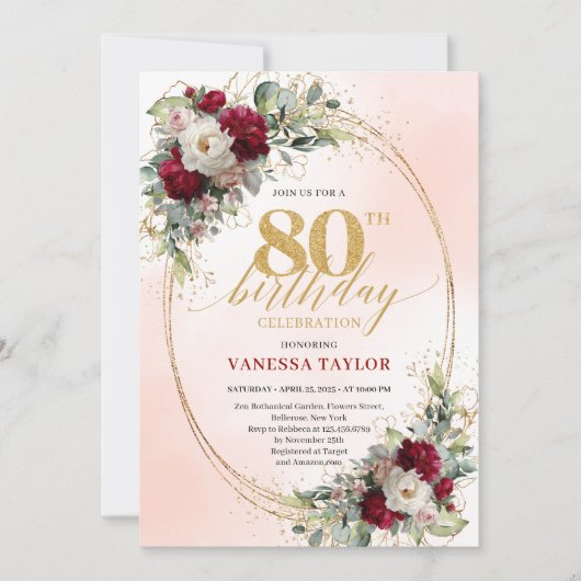 Chic Burgundy Blush Flowers 80th Birthday Invite 招待状 (正面)