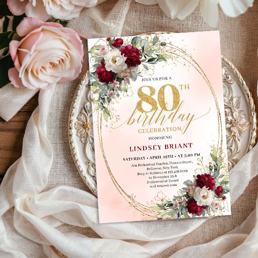 Chic Burgundy Blush Flowers 80th Birthday Invite 招待状
