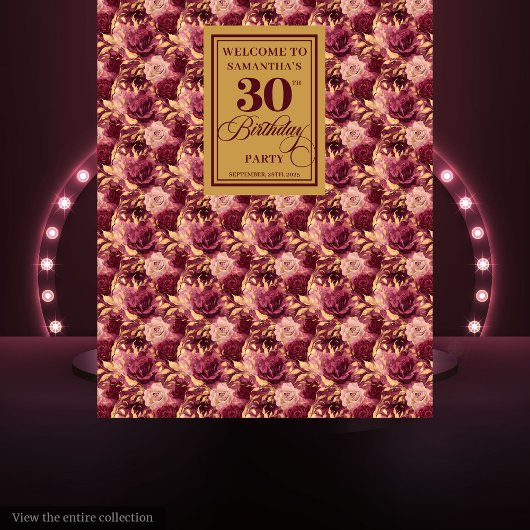 Chic Burgundy Blush Gold 30 Birthday Party Banner タペストリー