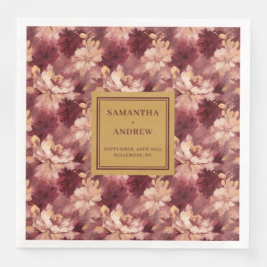 Chic Burgundy Blush Gold Wedding Cloth Napkins (正面)