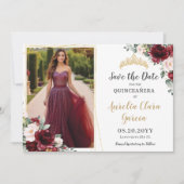 Chic Burgundy Blush Pink Floral Quinceanera Photo セーブザデート (正面)