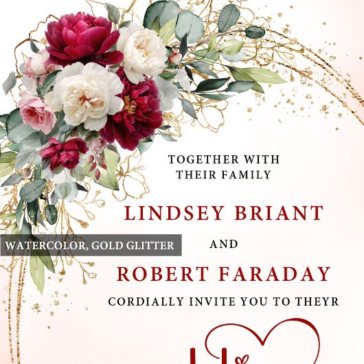 Chic Burgundy Boho Floral Gold Wedding Invitation 招待状