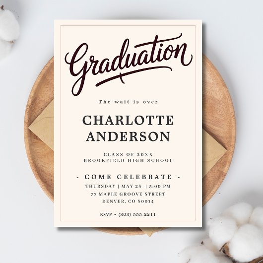 Chic Burgundy Calligraphy Graduation Party Invite 案内状