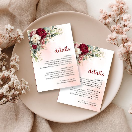 Chic Burgundy Floral Greenery Gold Wedding Details エンクロージャーカード