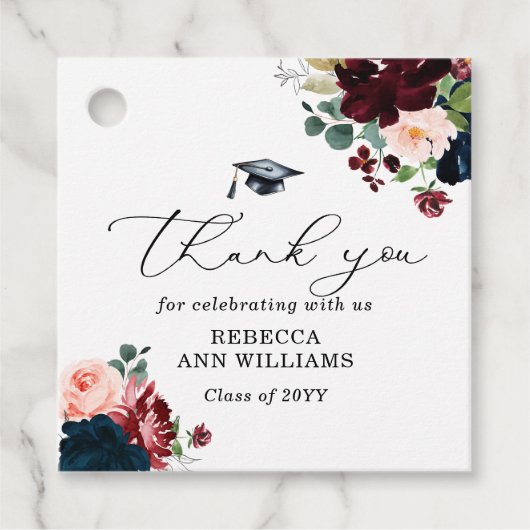 Chic Burgundy Florals Script Thank You Graduation フェイバータグ (正面)