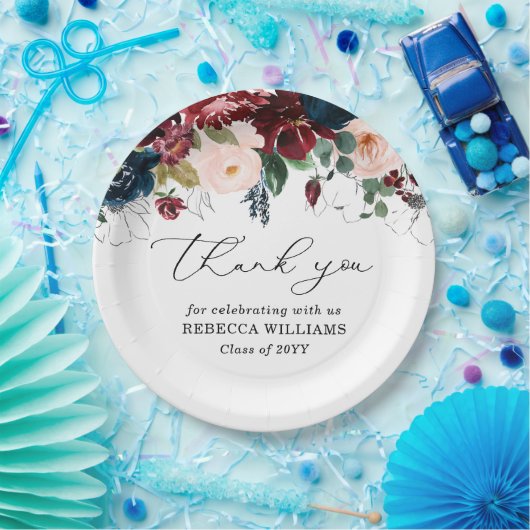 Chic Burgundy Florals Script Thank You Graduation  ペーパープレート (パーティー)