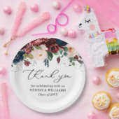 Chic Burgundy Florals Script Thank You Graduation  ペーパープレート (パーティー)