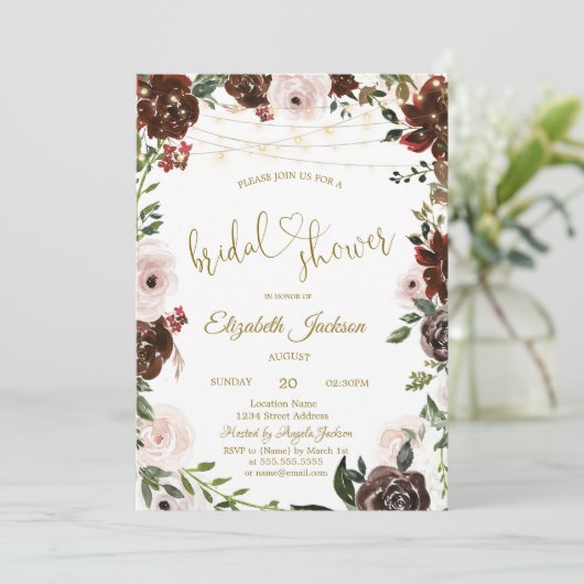 Chic Burgundy Flowers String Lights Bridal Shower 招待状 (スタンド正面)