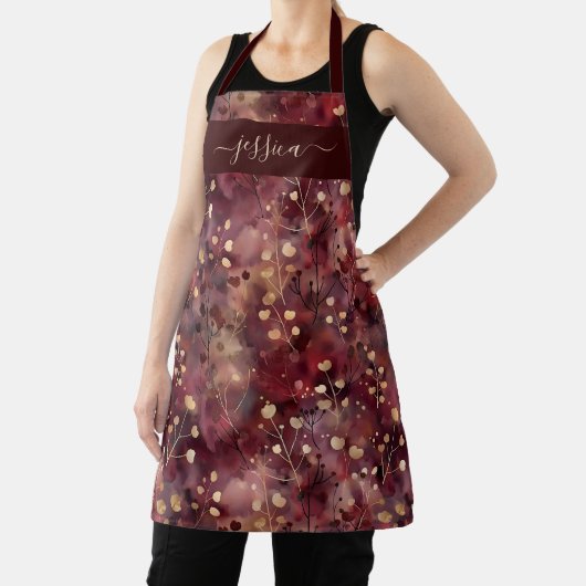 Chic burgundy gold abstract floral name apron エプロン (インサイチュ)