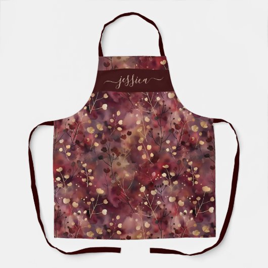 Chic burgundy gold abstract floral name apron エプロン (正面)