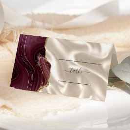 Chic Burgundy Gold Agate Ivory Silk Wedding Table プレイスカード